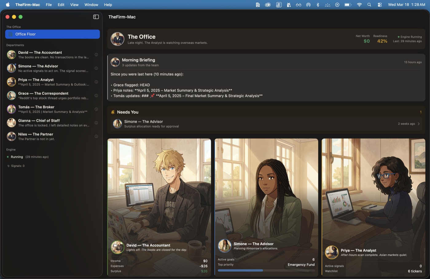 The Firm Mac app — Office Floor view showing Morning Briefing, agent status, and character desks