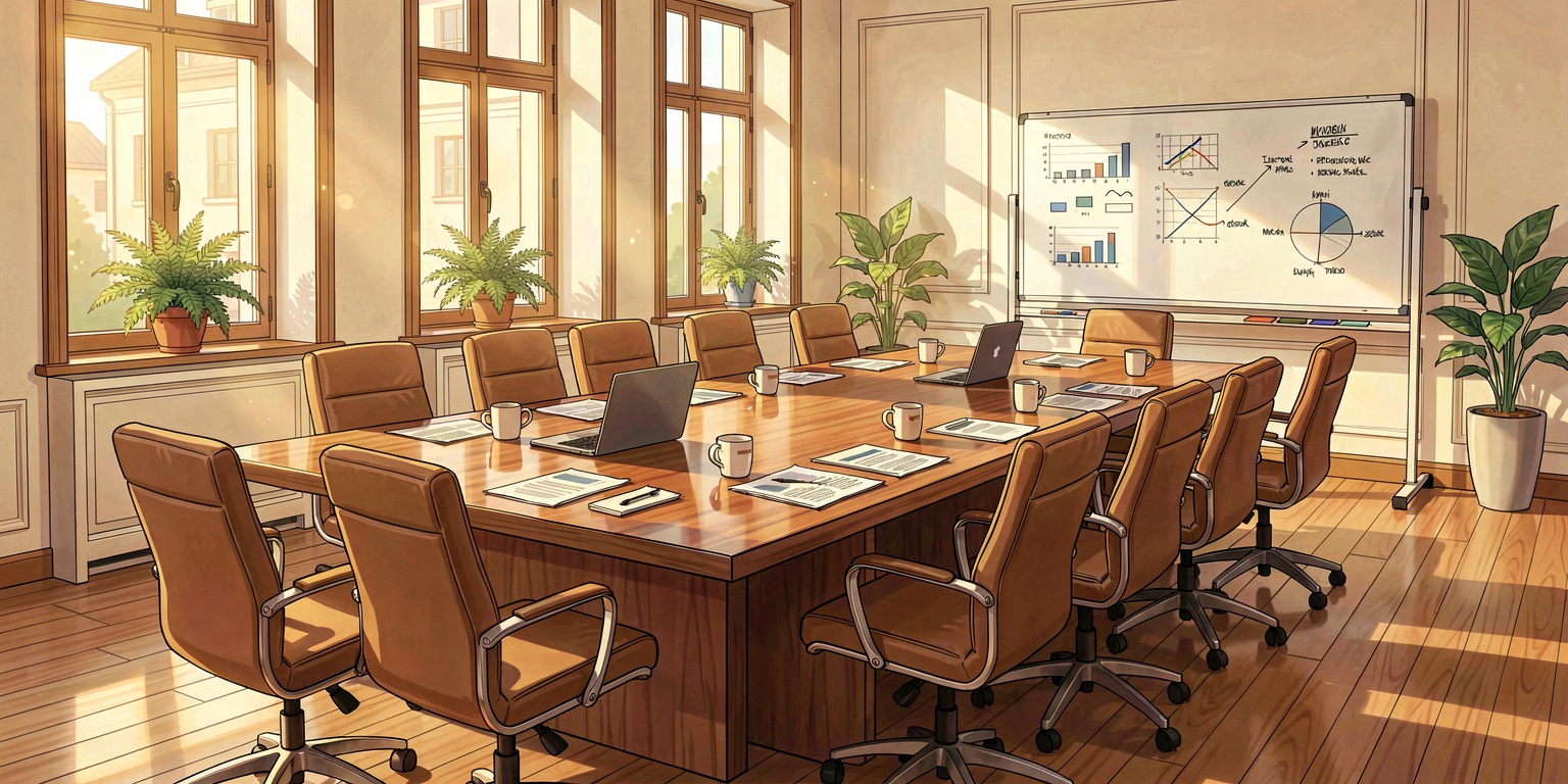 The firm conference room after a strategy session